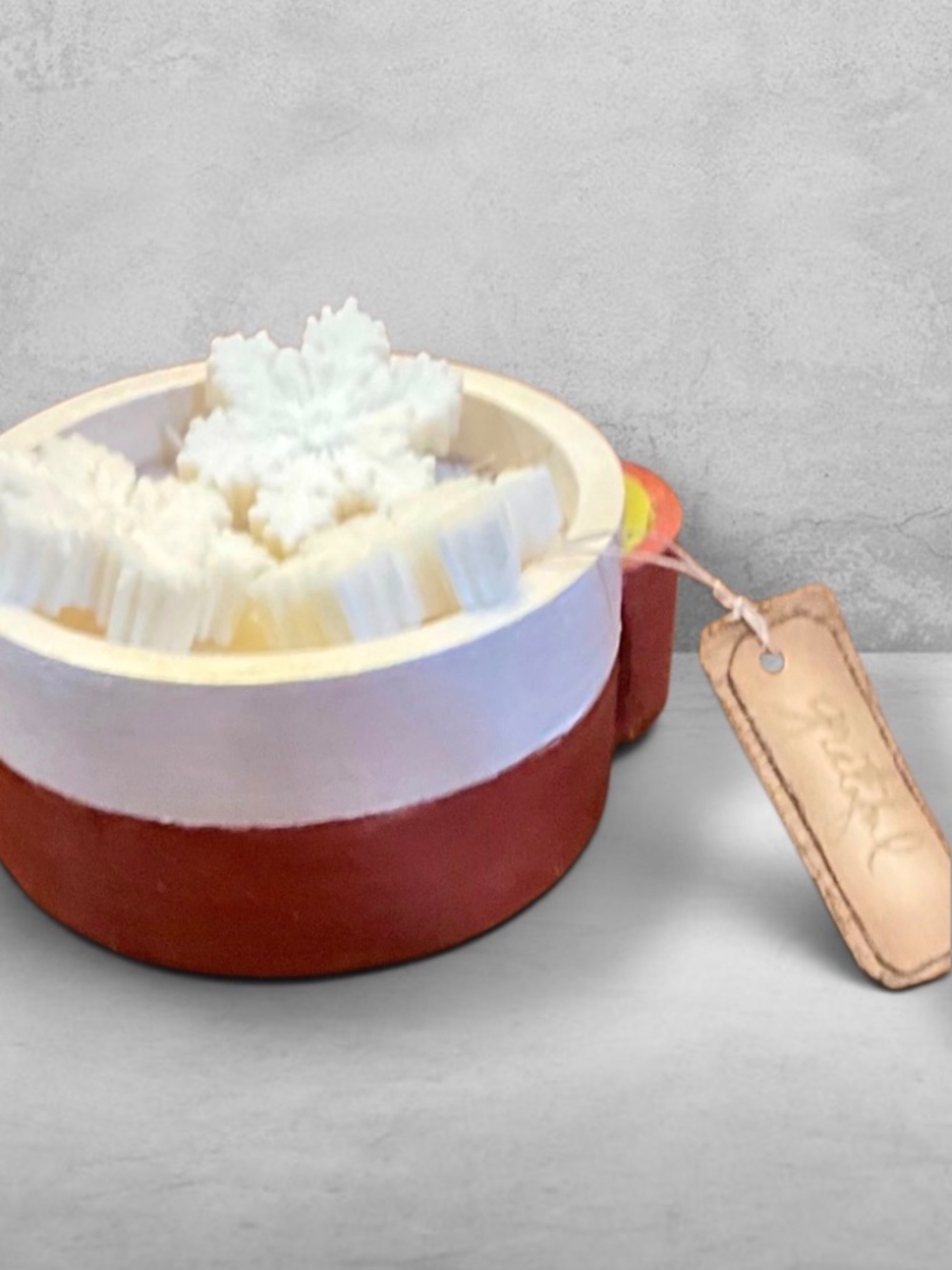 100% Soy 3 Wick Candle in Concrete Resin Bowl with Match Holder & Wax Snowflakes
